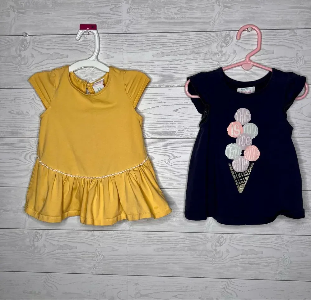 Maggie & Zoe Toddler Girls 2-Pack Tops Mustard Yellow Peplum & Navy Ice Cream 3T